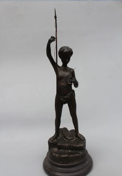 

18"Western Art sculpture Bronze Marble Boy spear stick in Fish Carp Statue