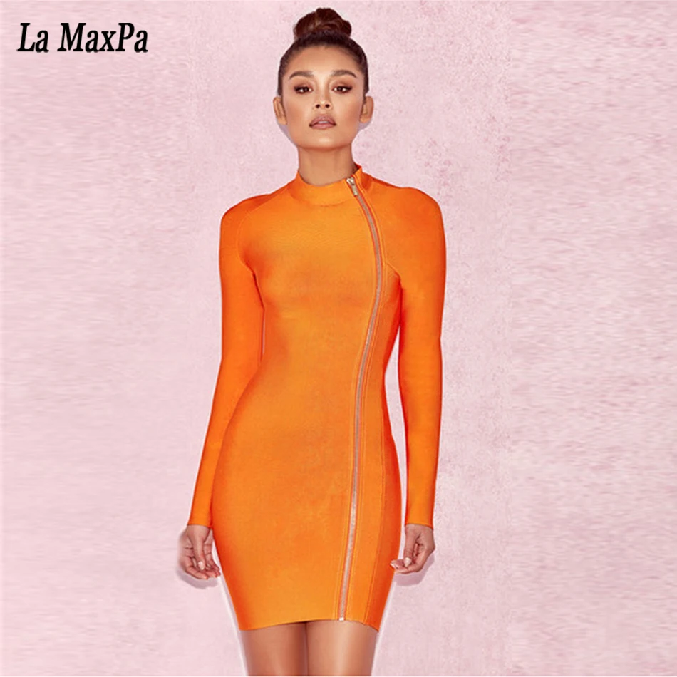 

2019 Autumn Turleneck Front Zippers Evening Party Mini Dress Sexy Sleeveless Solid Orange Women Bodycon Bandage Dresses Vestidos