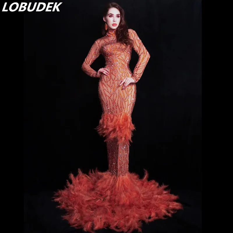 

Lady Singer Evening Performance Long Dress Models Catwalk Orange Feathers Rhinestones Mermaid Dress Stage Host Trailing Dresses