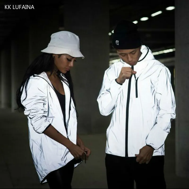 

5xl 3XL 4XL Men's Jackets Reflective 3M light Sportswear Sweatshirts Hip Hop Waterproof Windbreaker hooded Fluorescent Coat Men