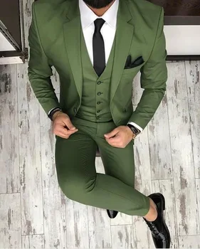 

Fantastic Two Buttons Olive Green Groom Tuxedos Groomsmen Notch Lapel Mens Suits Blazers (Jacket+Pants+Vest+Tie) W:1189