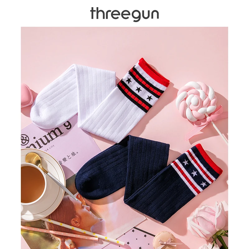 THREEGUN/2 пары, женские длинные хлопковые носки в полоску, спортивные гольфы, мягкие эластичные гольфы, дышащие удобные носки для ног