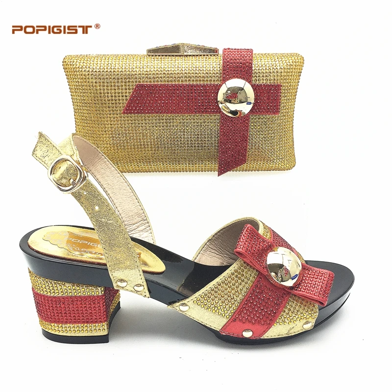 Chunky heels gold color stability Italian shoes matching bag wedding African shoes and bag set