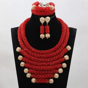 

Vintage Red/Orange Crystal Handmade Sets Nigerian African Wedding Bridal/Women Beads Necklace Jewelry Set Free Shipping ANJ298