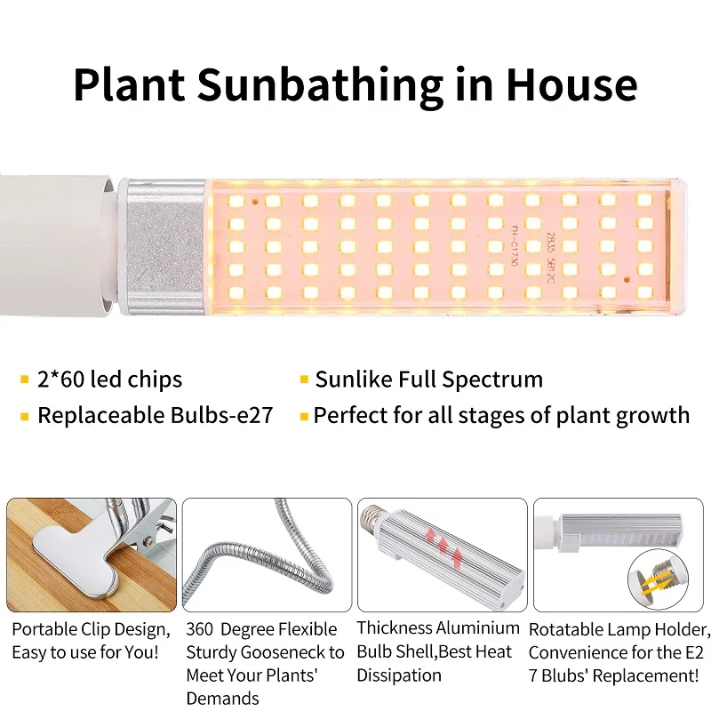 LED Plant Grow Lights Sunlike Full Spectrum 45W 50W 60W E27 Dual Head Flexible Gooseneck for Greenh - 33028798811