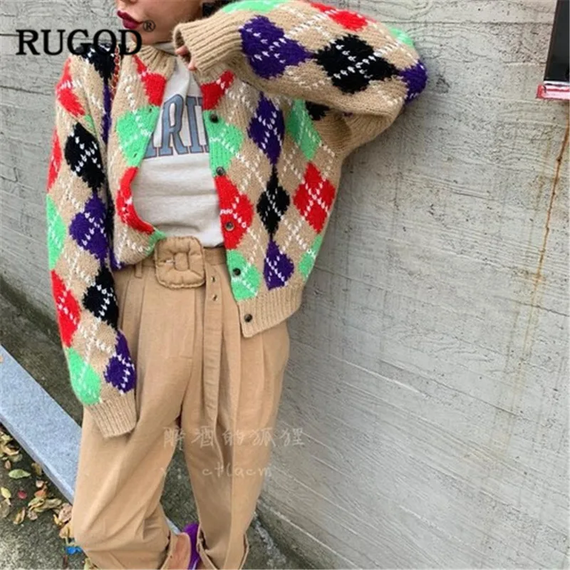 RUGOD الكورية نمط قصيرة بالأزرار المرأة الأزياء الملونة ثقافاتنا طويل كم محبوك سترة بالأزرار الإناث لينة الملابس الدافئة
