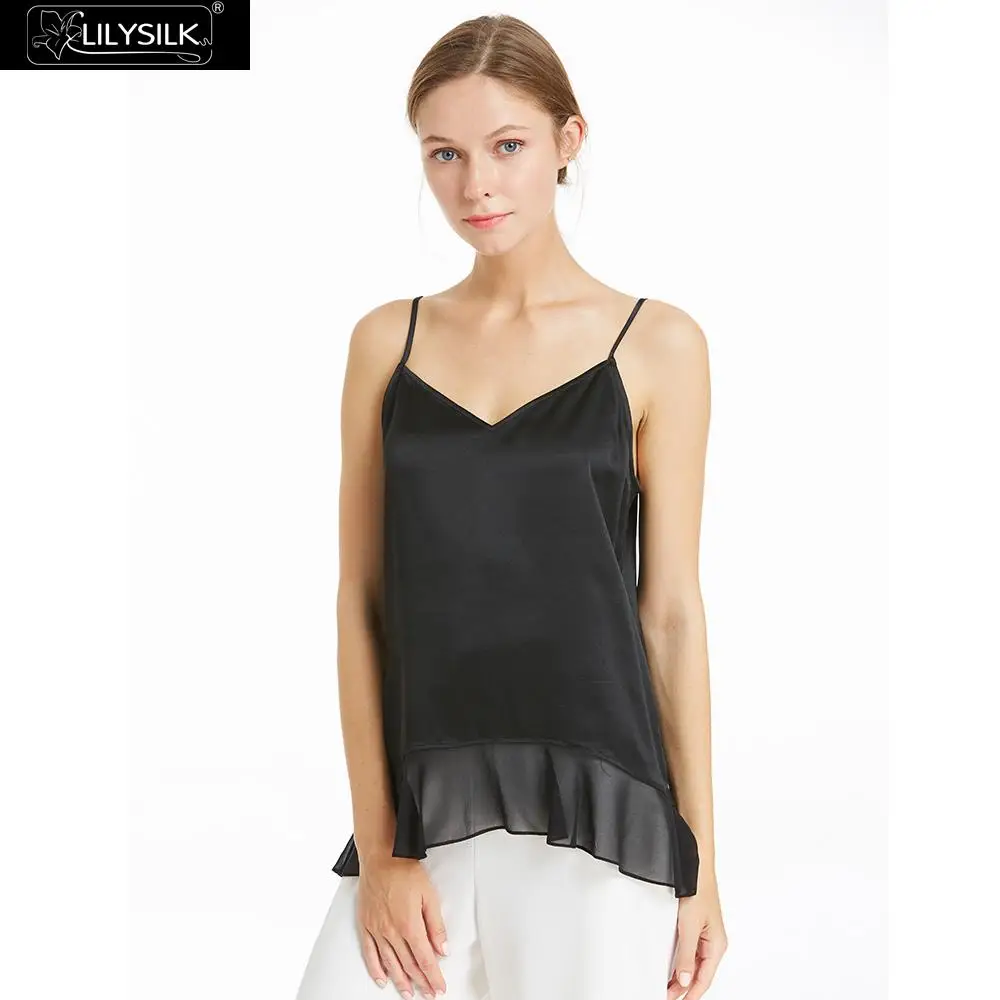 Black LilySilk Топ Майка Женский Шелковый 22 momme Кружевная Летний - Цвет: Black