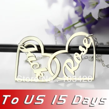 

AILIN Freeshipping -Personalized Name Jewelry with Heart Custom Two Open Heart with Name Necklace in Silver Love Jewelry