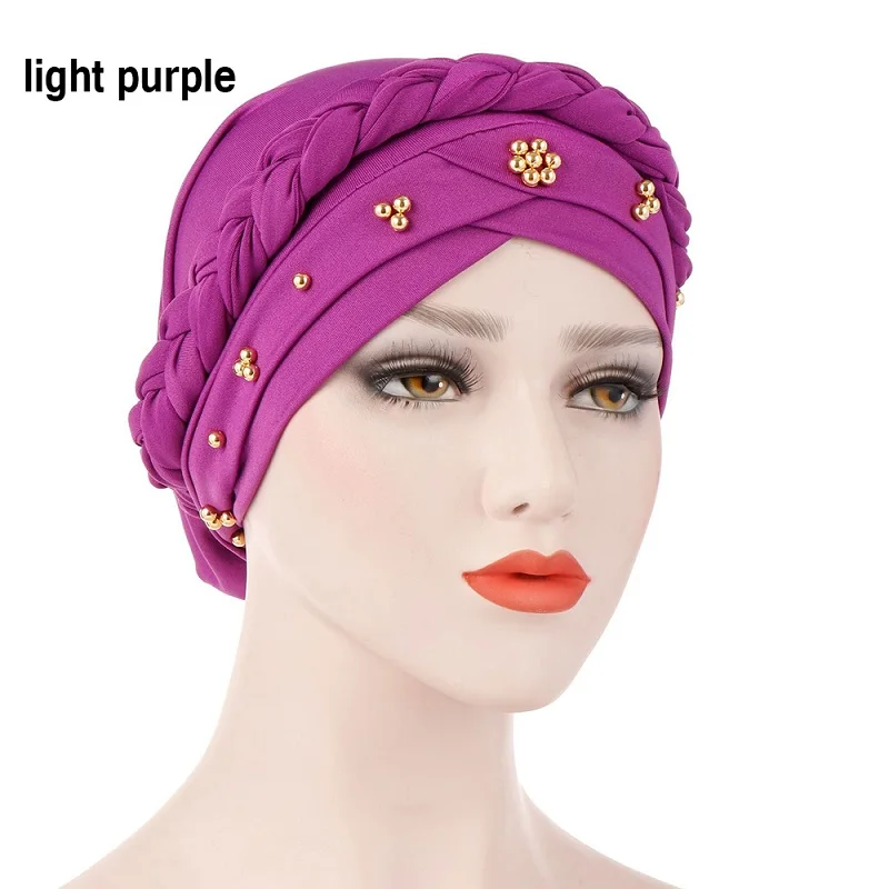 Лидер продаж женский трикотаж платок Исламская молочного шелка мусульманский хиджаб Уход за волосами бусы кос Обёрточная бумага эластичный тюрбан шапка после химиотерапии колпак для головы - Цвет: light purple