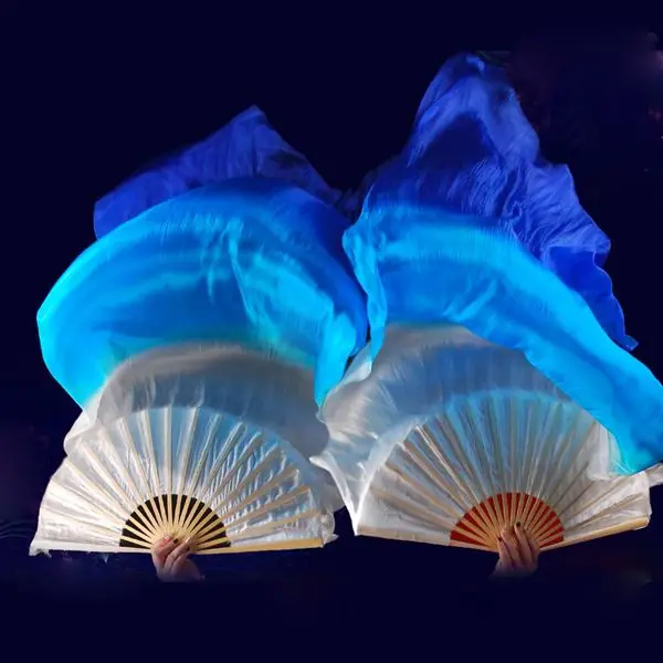 1 пара(левый+ правый) натуральный шелк танец живота веер вуаль синий/темно-синий 1,8 м 20 цветов - Цвет: White Blue Dark Blue