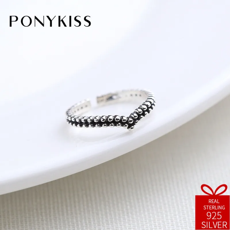 

PONYKISS Vintage S925 Sterling Silver Chic Geometric V Shaped Adjustable Opening Ring For Women Fine Accessories Birthday Gift