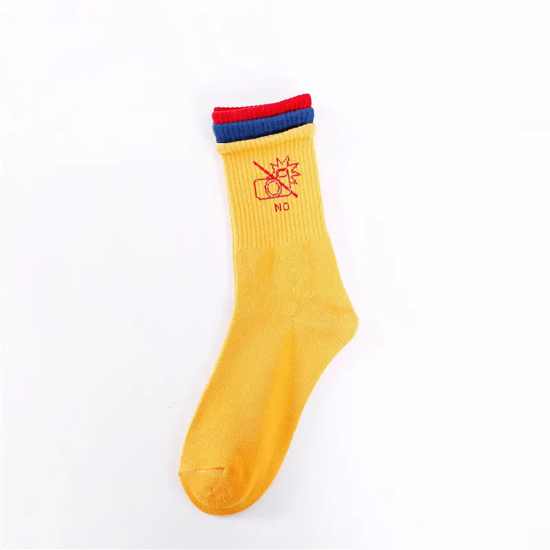 Женские носки с принтом, Ins, хлопковые, трехцветные носки с прострочкой, европейский и американский стиль, дышащие, средней длины, женская уличная одежда - Цвет: Цвет: желтый