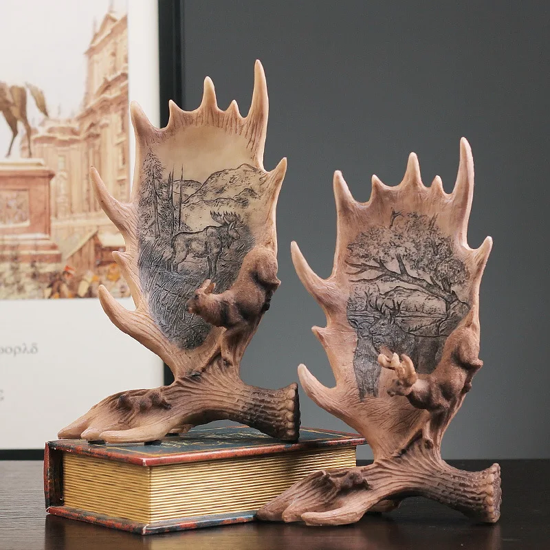 

European retro creative resin craft gift deer horn ornaments home interior soft decorations Antler landscape painting gifts