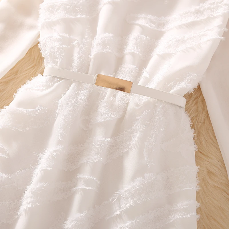 Весеннее новое женское элегантное белое кружевное шифоновое платье с длинным рукавом до середины икры тонкое платье офисное женское платье для работы на выход