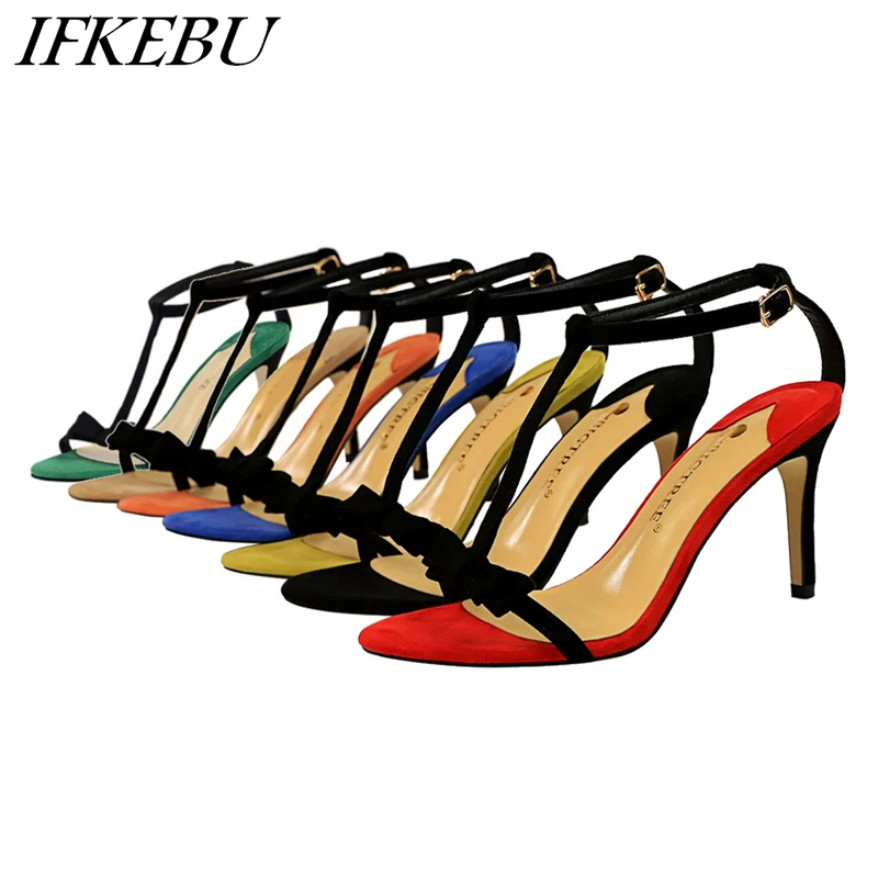 

Women Shoes Fashion T-strap Sandals Buckle Peep Toe Slides Bow Knot High Heels Shoes Summer Pump Multiple Colour Zapatos Mujer