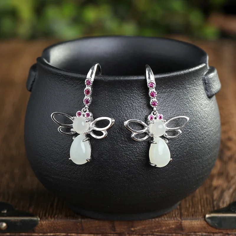 

S925 sterling silver inlaid natural Hetian jade white jade butterfly temperament ladies high-end earrings free shipping