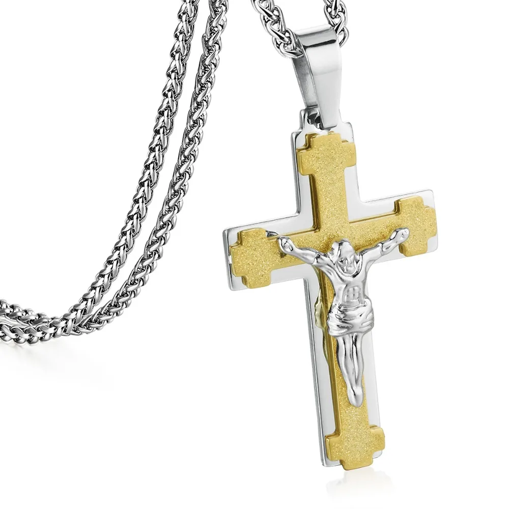 Gold Silver Tone Stainless Steel Matted Cross Link Chains Crucifix ...