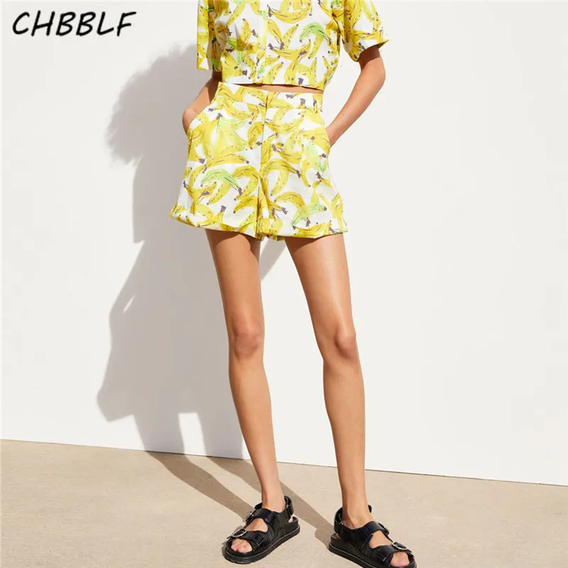 

CHBBLF women sweet print shorts banana pattern zipper fly pockets female casual chic shorts pantalones cortos C9658