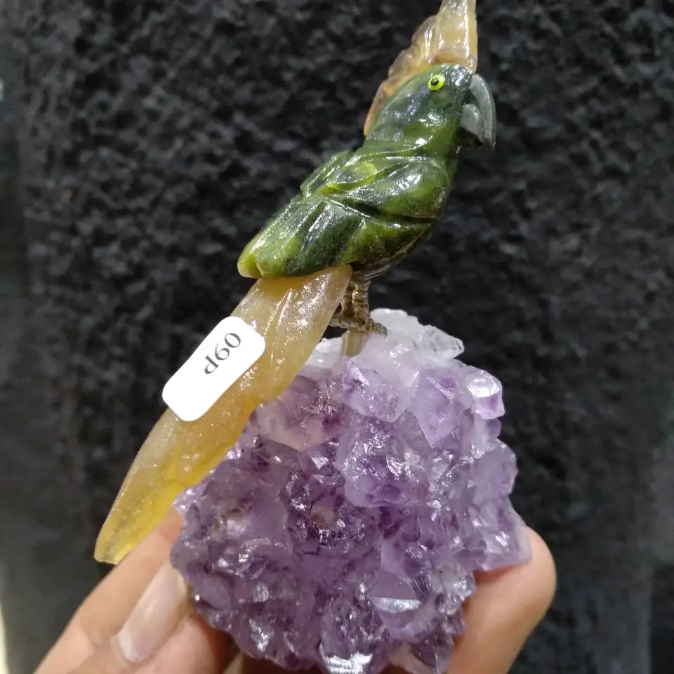Natural gemstone crystal carved bird Figurine amethyst cluster Quartz Crystal Parrot for home decoration 2