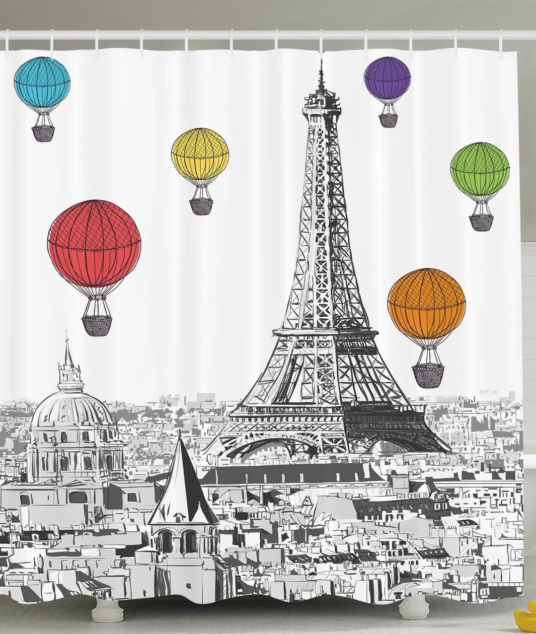Paris Shower Curtain Eiffel Tower Cityscape Decor Notre Dame with Colorful Hot Air Balloons, Set