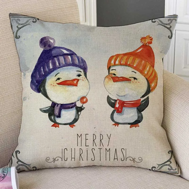 

Christmas Decorative Cute Pillow Case Watercolor Lovely Penguin Snowman Santa Claus Cotton Linen Sofa Cushion Cover For Kid