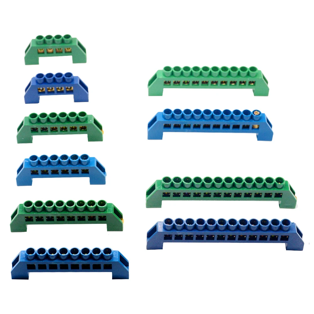 

1pcs Bridge Design Zero Line 4-12 Pole Screw Brass Copper Grounding Strip Terminal Block Connector Earth And Neutral Blue Green