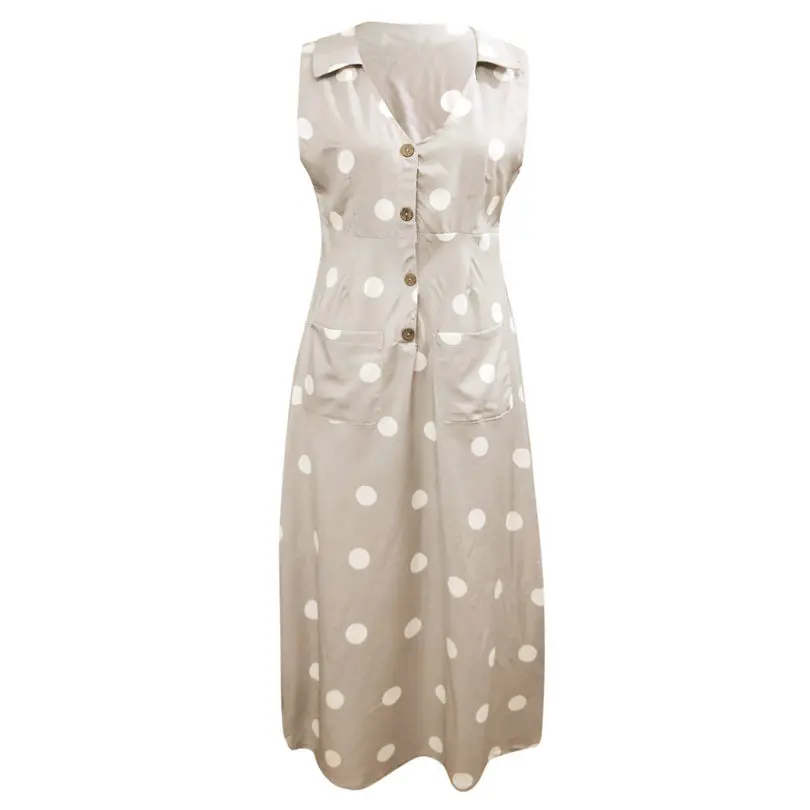 New Women Summer Fashion Elegant Casual Dot Print Boho Dress Turn-down V-neck Dress Button Pocket Bohemian Dress #4A25 (8)