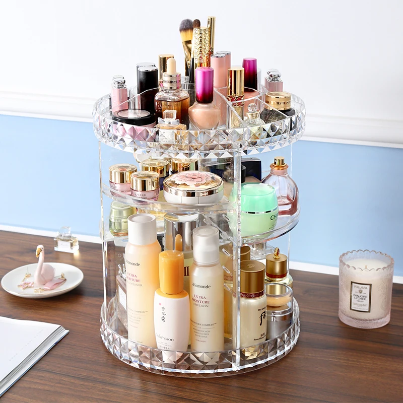 Online 360 grados de rotación de acrílico transparente cosméticos caja de almacenamiento de moda Multi función desmontable belleza maquillaje organizador C214