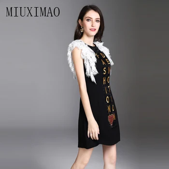 

High Quality 2018 Spring Newest Arrival O-Neck Sleeveless Letter Printed Lace Diamonds A-Line Above Knee Mini Dress Women