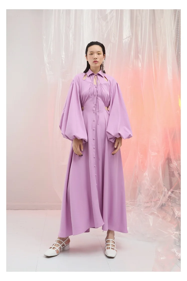 

Spring Summer Personality Hollow-out Lantern Sleeve Ultra Long Single Breasted Chiffon Dress Extra Long Dress