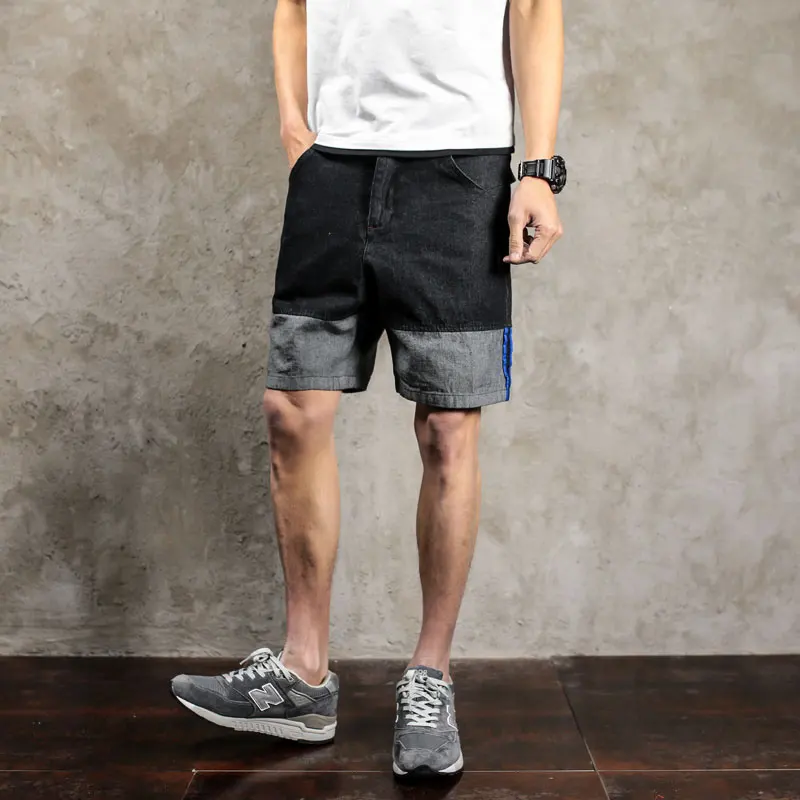 

Japan Style Men Shorts Nice Summer Plus Size Patchwork Color Denim Shorts Mens Knee Length Loose Casual Straight Jeans Short Man