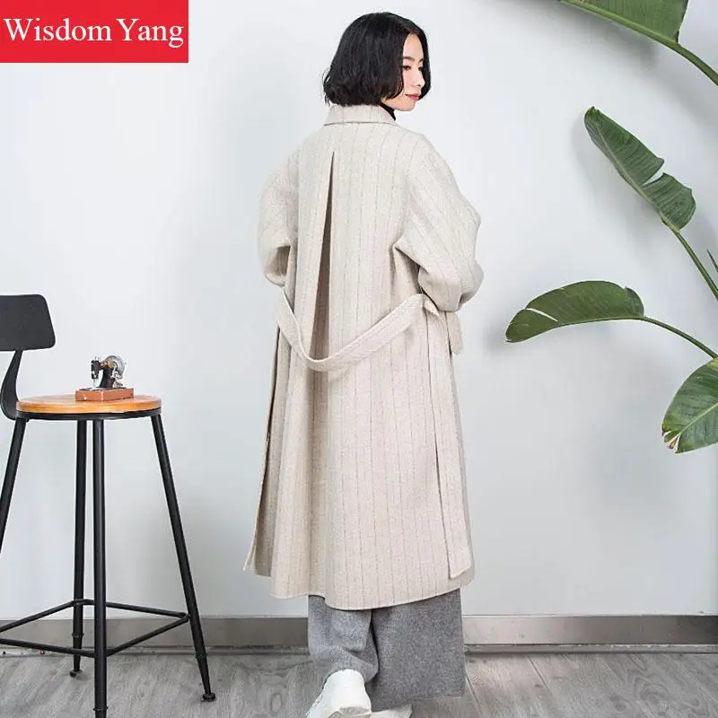 Rabattu En Beige Plus Oversize Survêtement Rayé Ceinture Pardessus Manteau Longue Laine Vintage Dames Coat Femmes Coréen Hiver De Mouton w8qOz