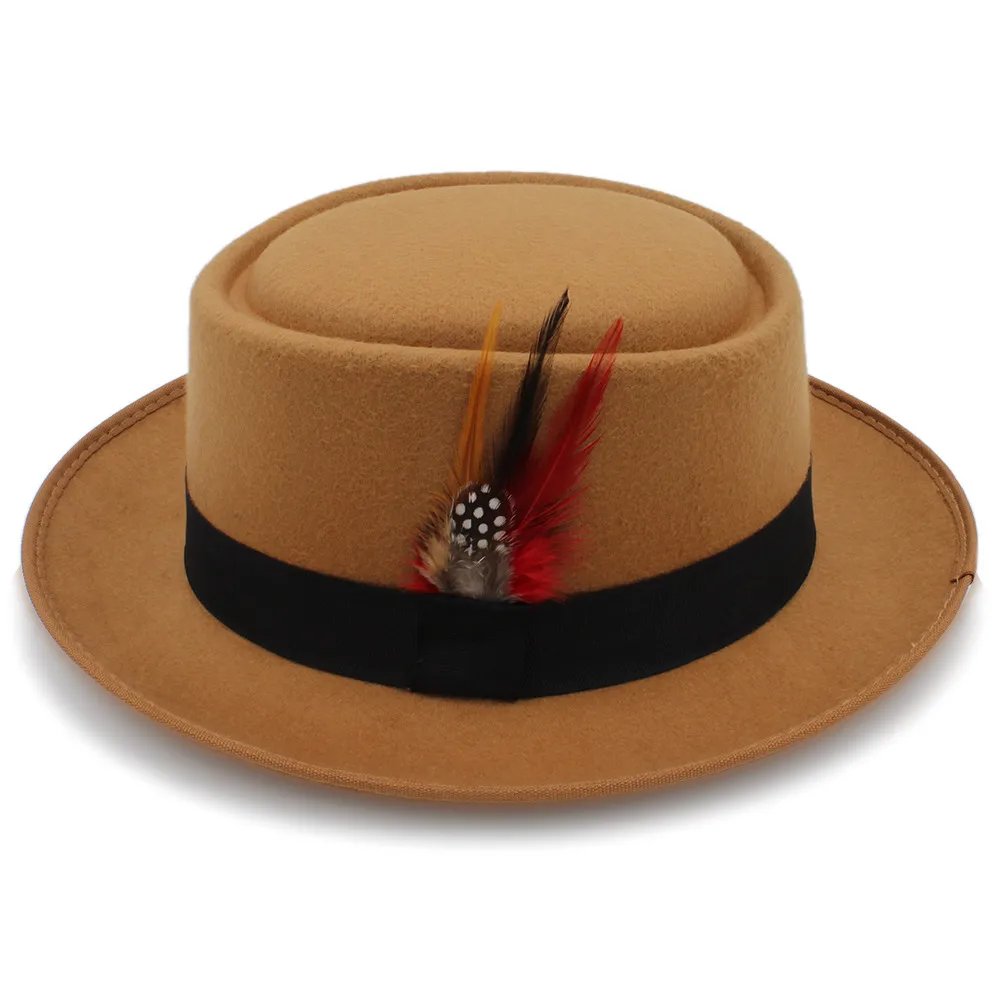 pink fedora hat Fashion Men Pork Pie Hat Dad Wool Flat Fedora Hat Gentleman Gambler Panama Trilby Hat With Fashion Feather Size 58CM wide brim fedora mens