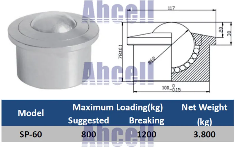 SP-60 2-3/" шарикоподшипник 800 кг Ahcell евро сверхмощный шариковый транспортный блок, SP60 аэропорт грузов передачи роликовый конвейер