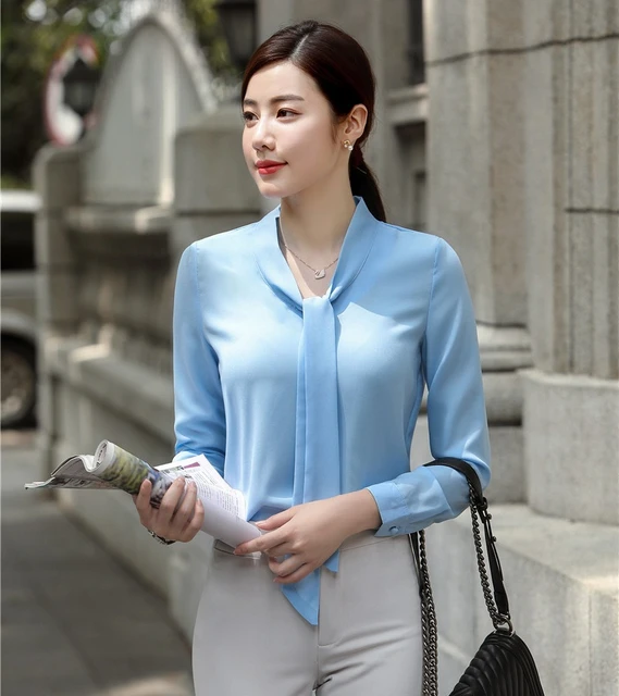 Fashion Women Blouses & Shirts Sky Blue Long Sleeve Office Ladies