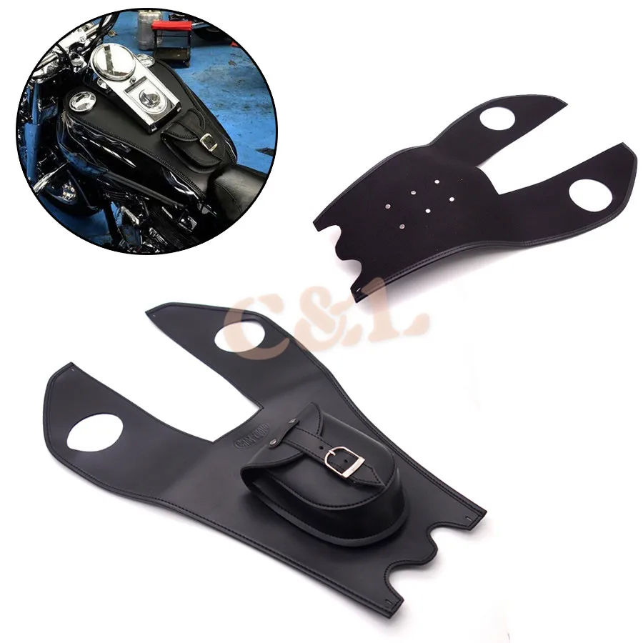 1Pcs Motorcycle Black PU Leather Dual Gas Tank Cap Bag Cover Panel Bag For Harley Davidson