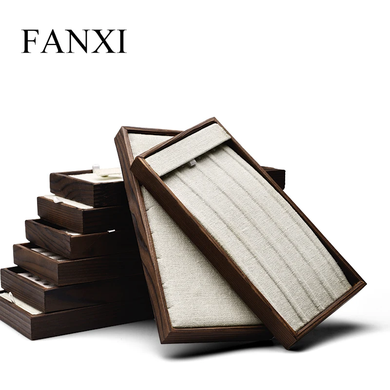

New Solid Wood Jewelry Display Tray with Linen Dark Coffee Ring Necklace Pendant Bangle Earring Display Tray Organizer Showcae