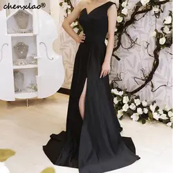 Vestidos Черное вечернее платье длинное милое на одно плечо атласное ТРАПЕЦИЕВИДНОЕ ПЛАТЬЕ С РАЗРЕЗОМ длина до пола вечернее официальное