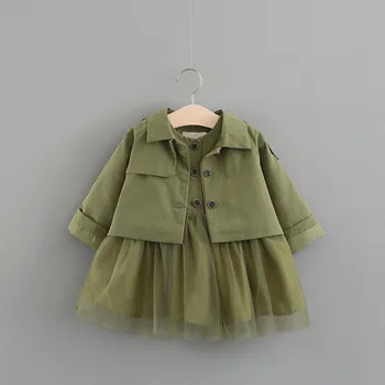 

2018 Autumn Fashion Baby Girls Clothing Set Trench Jacket+Mesh Yarn Dress Children's Set Princess Outfit Suit High Quality