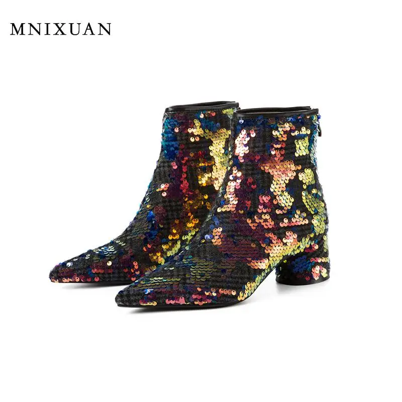 MNIXUAN/Модная блестка украшение ботинки с блестками ботильоны на высоком каблуке с острым носком г. Новая короткая обувь на высоком каблуке с цветным мехом