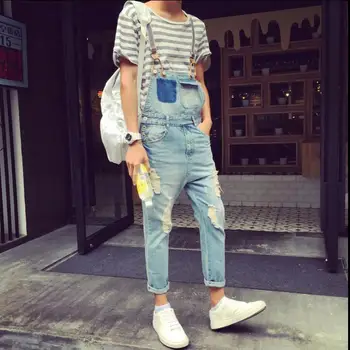

S-XXXL New 2019 summer men's casual denim jumpsuits streets men's fashion hole suspenders jeans plus size men clothing