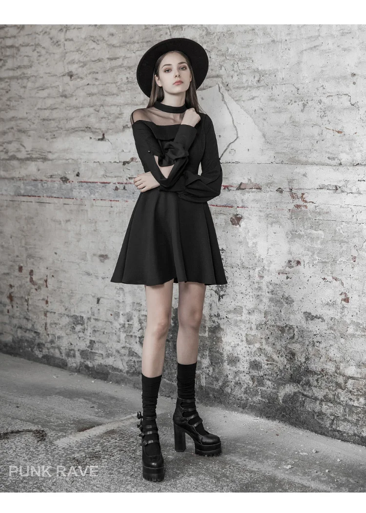 Новое весеннее женское шифоновое платье в стиле Панк RAVE, женское модное сексуальное платье с открытыми плечами, тонкое черное готическое платье в стиле панк