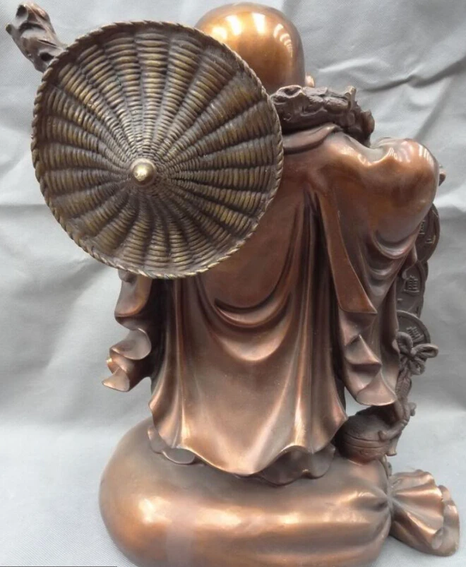 

S0128 17" Chinese Pure Bronze Fu RuYi Happy Laughing Maitreya Buddha Coin Bag Statue