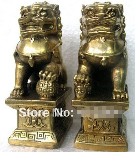 Китайская Бронзовая статуя Foo Dog Lion Fu, парные фигурки фэн-шуй, товары в восточном стиле, Размеры: 9,5*5,5*3,5 см