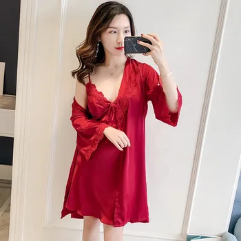 

Women Satin Rayon Nightgown Bride Bridesmaid Wedding Robe Set Sexy Lace Trim 2PCS Kimono Bath Gown Strap&Rone Sleep Suit Pajamas