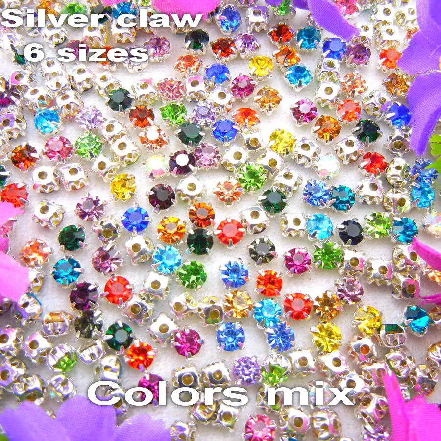 

Factory direct sale nice colors mix 6 sizes round shape glass Crystal rhinestone beads Sew on Silver claw settings garment diy