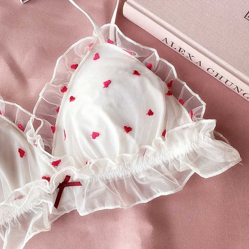 new young girls small wire free sleep underwear lace love embroidery thin cup with pad Japanese lingerie bra and panty set