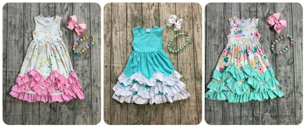 

summer new arrivals baby girls cotton maxi dress mint floral pink unicorn solid blue ruffles sleeveless match necklace and bow