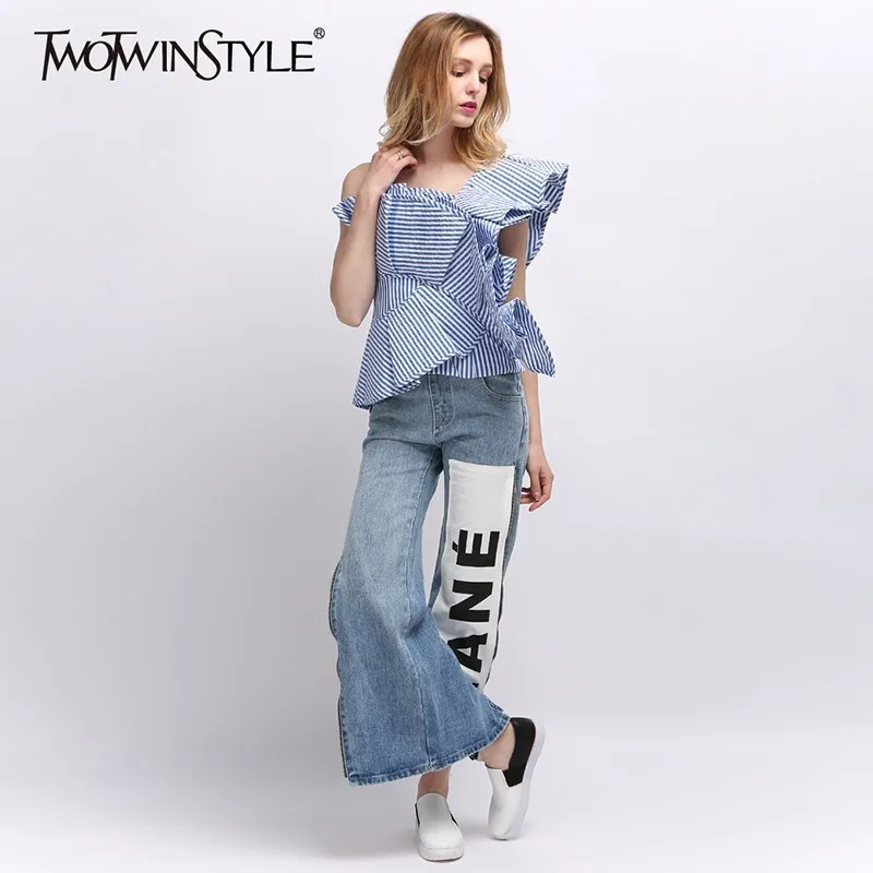 Женская Асимметричная блузка TWOTWINSTYLE летняя без рукавов в полоску с открытыми