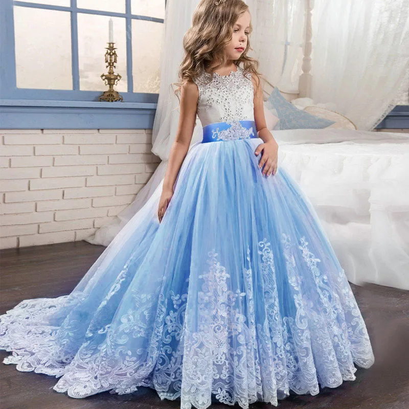 Для девочек в цветочек платье Большие банты платье Элегантное кружевное длинное платье без рукавов на свадьбу, платье для первого причастия для маленьких девочек, детские вечерние платья - Цвет: as picture